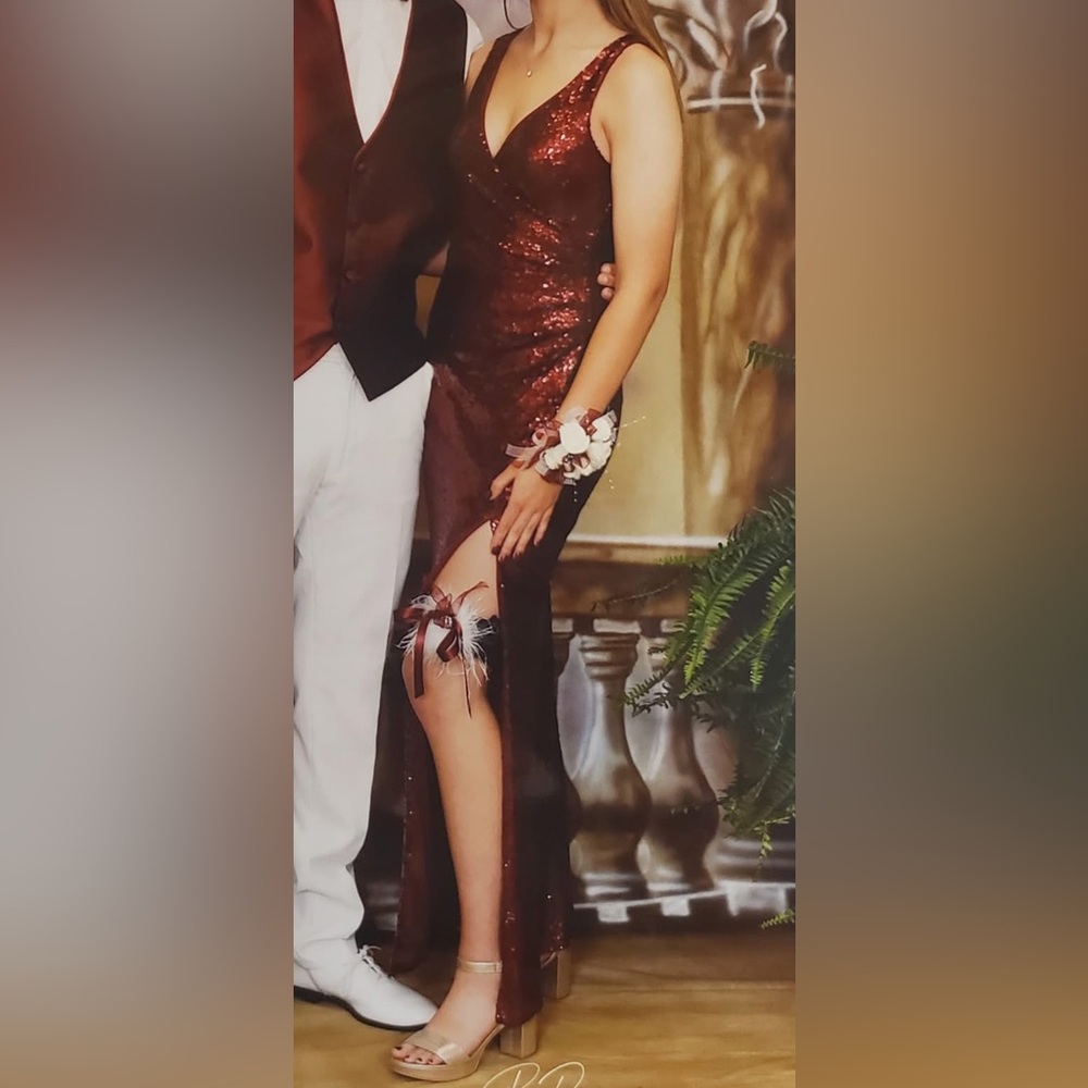 B Darlin Burgundy Sequin Prom Dress